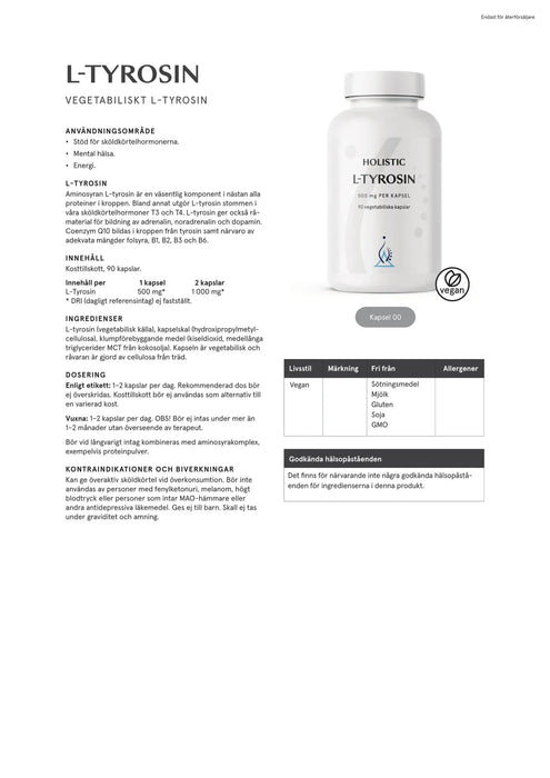 Holistic L-tyrosin, 90 kapslar