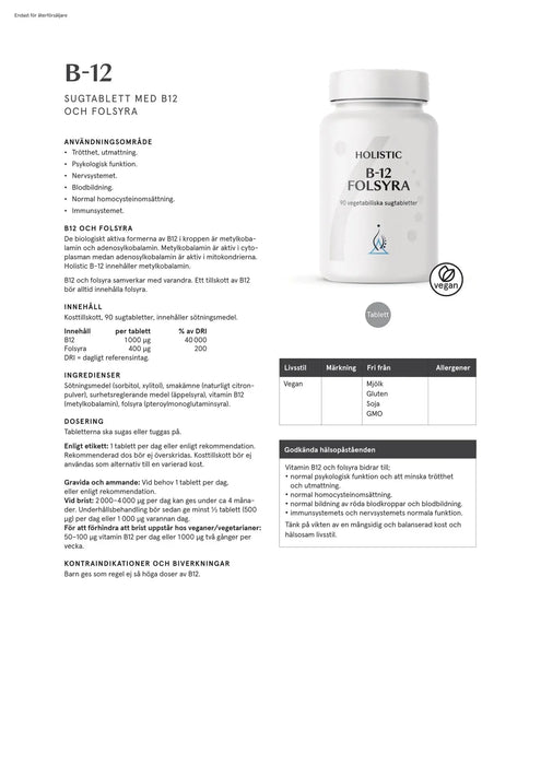 Holistic B-12 Folsyra, 90 tabletter
