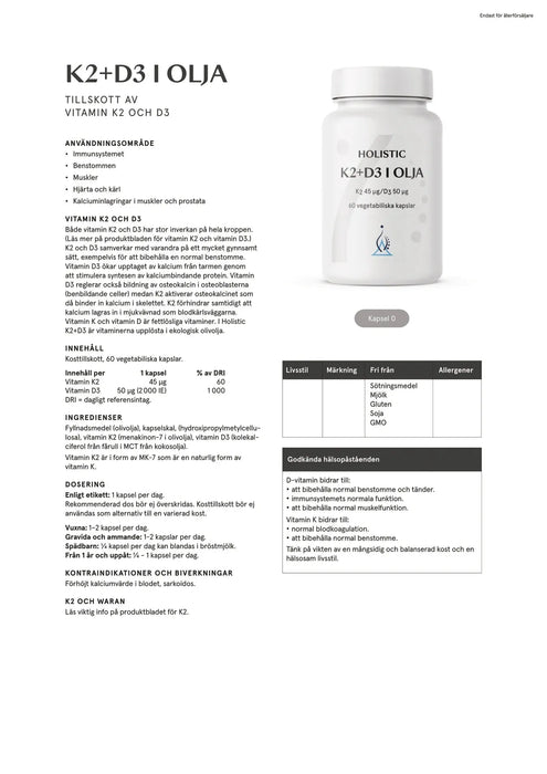 Holistic K2+D3 i olja, 60 kapslar