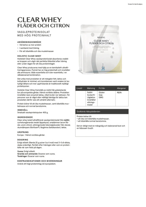 Holistic Clear Whey vassleproteinisolat fläder och citron, 400g