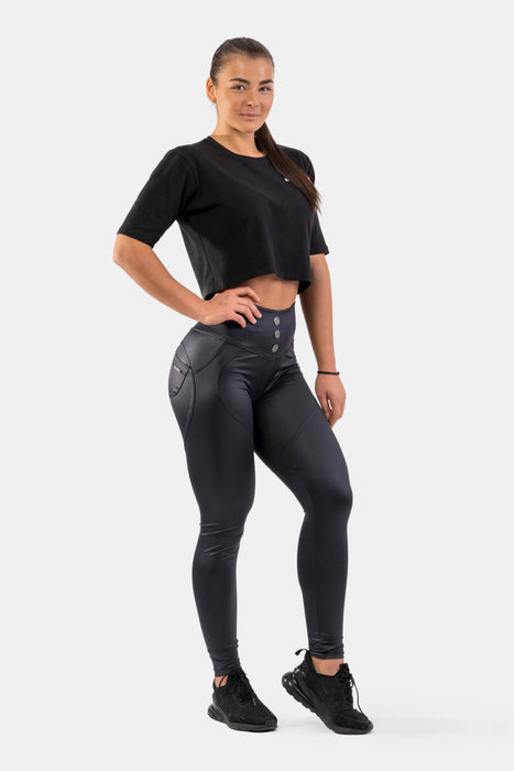 NEBBIA High Waist Glossy Look Bubble Butt Pants/Träningstights, vulcanic black